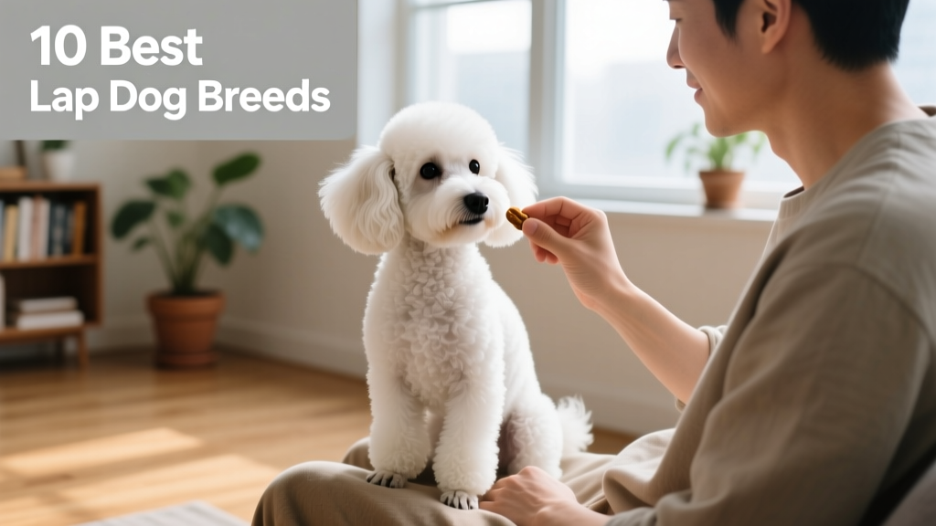 A well-groomed Toy Poodle sitting attentively on a person's lap during a training session