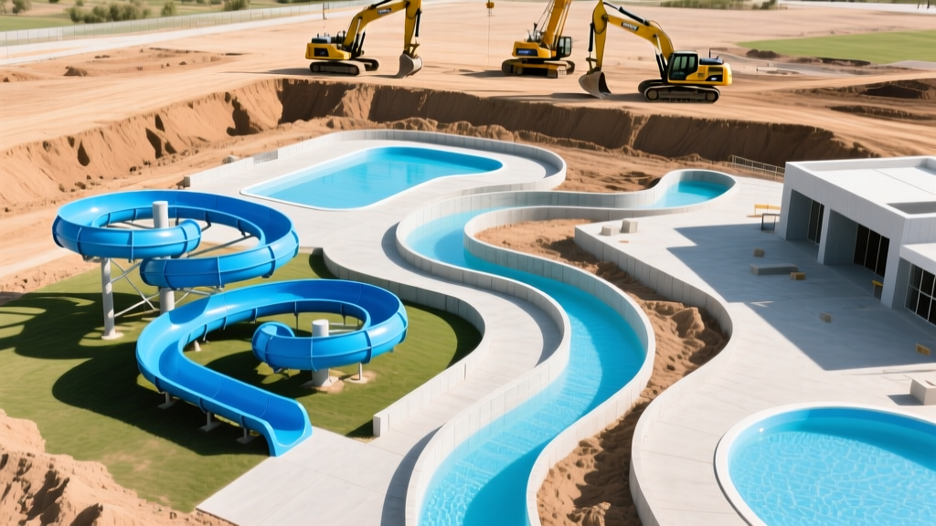 Aerial view of a mid-sized boutique water park construction site featuring bright blue modular fiberglass water slides, exposed concrete lazy river channels, and heavy excavation equipment in the background