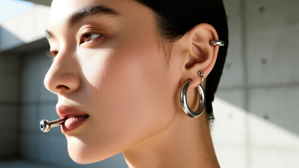 Asymmetrical ear curation with an industrial barbell and lobe hoops on a model, bright natural sunlight, vibrant skin tones, crisp