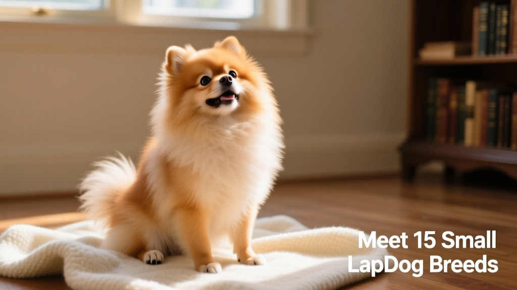 A cheerful Pomeranian sitting attentively on a soft blanket, looking up with bright, affectionate eyes