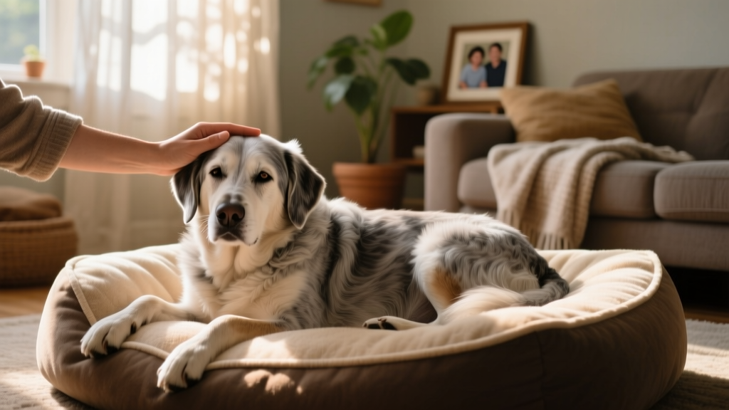 A happy senior dog resting peacefully on a cozy dog bed while a gentle hand strokes his head; soft natural light fills the room