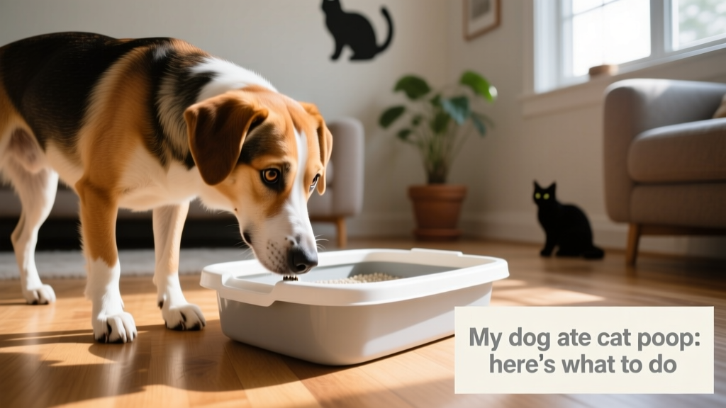 A curious dog sniffing near a litter box