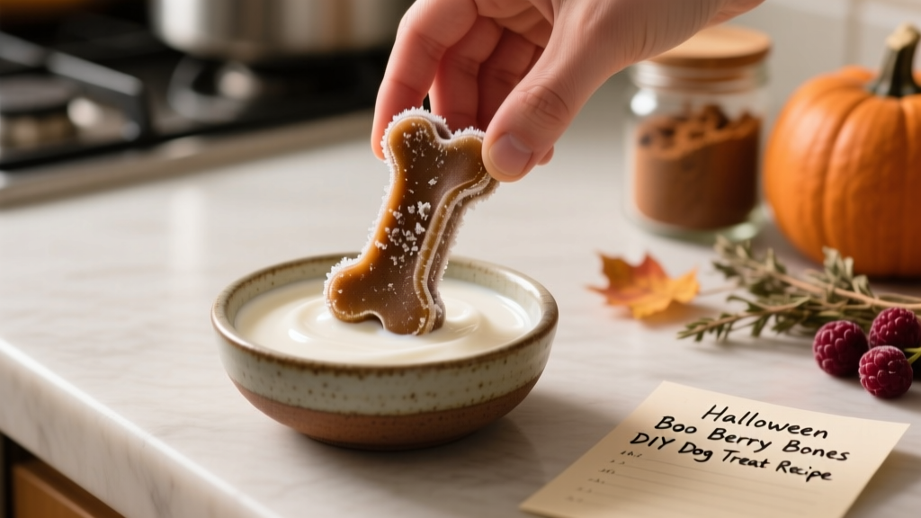 Hands dipping a frozen bone-shaped treat into a creamy white liquid in a small bowl