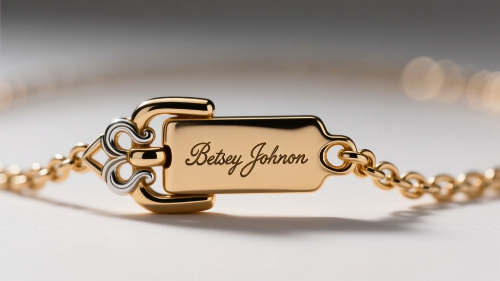 The back of a vintage Betsey Johnson necklace clasp showing the engraved logo hallmark on the metal extender chain tag.