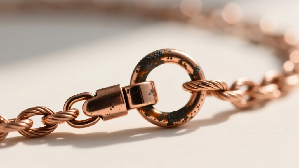 Close-up of a tarnished lobster clasp and oxidized jump ring on a 14k rose gold cable chain showing clear signs of everyday wear.