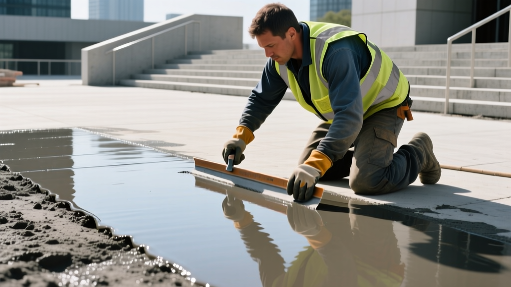 Worker applying glossy aliphatic polyurethane waterproof membrane over primed concrete plaza deck using a notched squeegee.