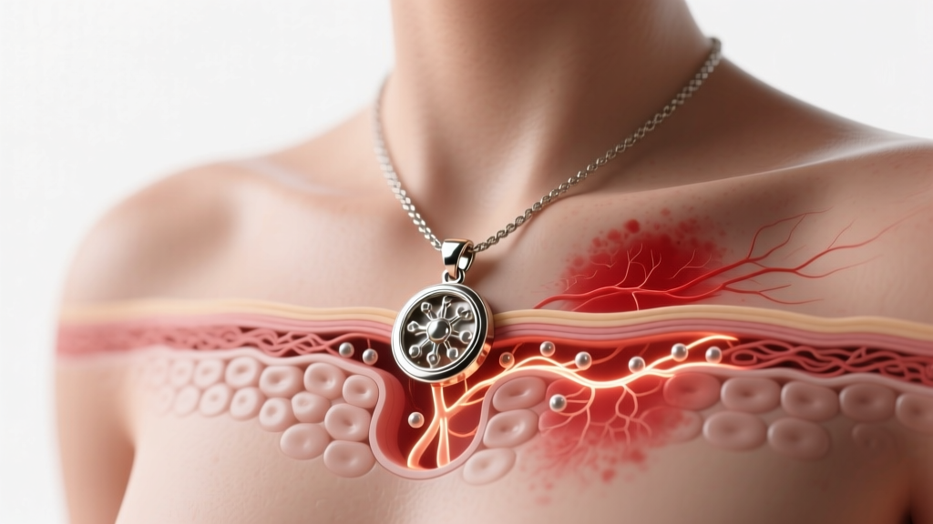 Medical diagram of skin cross-section showing nickel ion leaching from an alloy pendant causing localized redness on the chest.