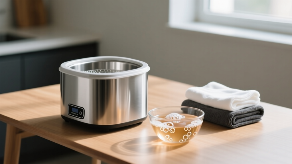 Stainless steel ultrasonic cleaner on a wooden desk beside folded microfiber cloths and a glass bowl of warm soapy water.