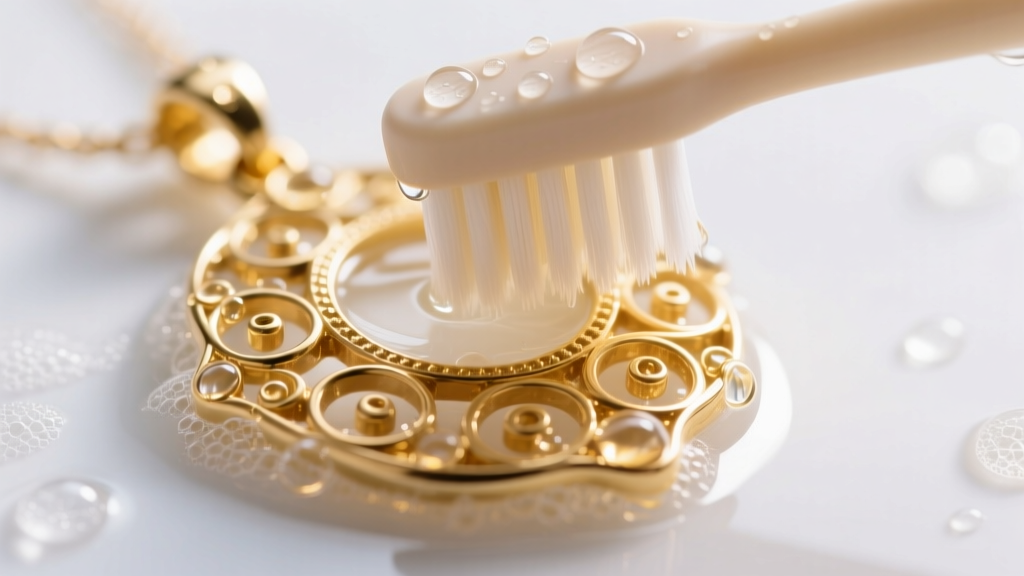 Close-up of a soft baby toothbrush gently scrubbing the intricate filigree of a large 14k gold pendant submerged in soapy water