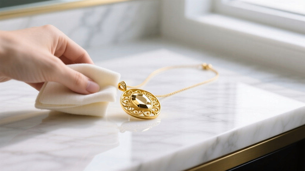 Close-up of an 18k yellow gold pendant necklace being gently wiped with a microfiber cloth over a bright marble vanity surface.