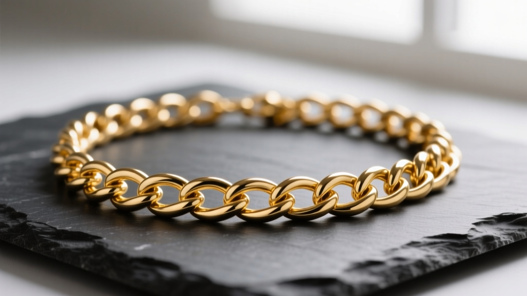 Close-up of a twisted 14k gold pretzel link chain necklace resting on dark slate, highlighting the figure-eight soldered loops.