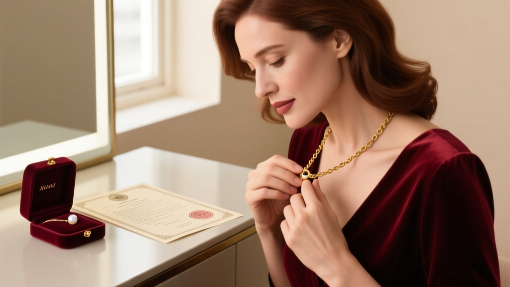 Woman fastening a delicate gold chain necklace, with a jewelry appraisal document and a velvet box visible on the vanity table.