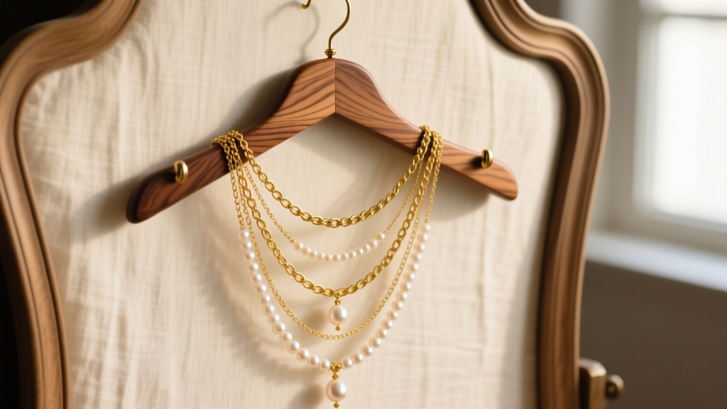 Wooden do it yourself necklace hanger on a vanity displaying layered gold chains and pearl pendants against a soft linen backdrop