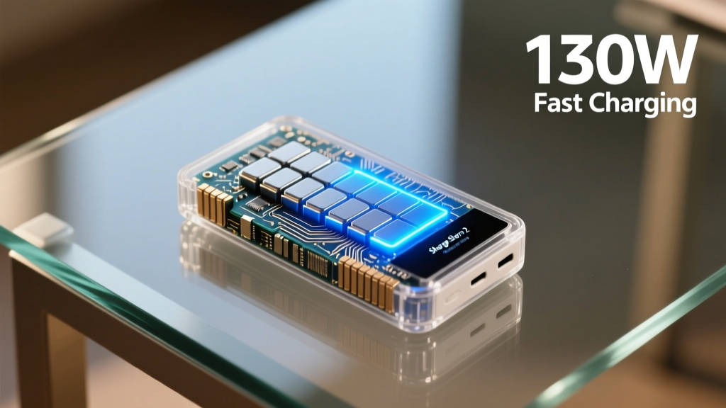 Transparent Sharge Storm 2 power bank displaying internal battery cells and OLED screen showing 130W fast charging output on a glass desk
