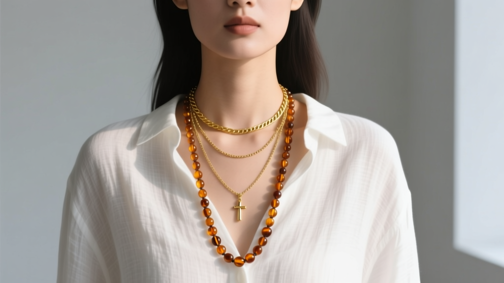 Model wearing layered necklaces with a 16-inch gold chain and an 18-inch rosary-style beaded necklace over a white linen shirt