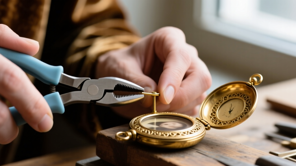 Close-up of a jeweler using nylon-jaw pliers to gently realign the tiny brass hinge pin on a vintage gold-filled picture locket.