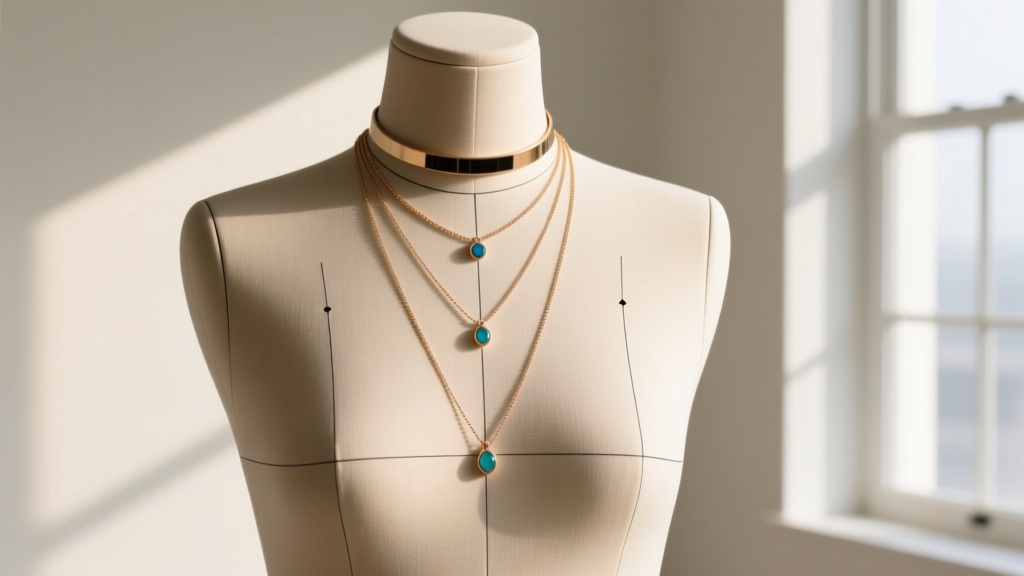 Diagram showing three necklace lengths on a female mannequin torso, highlighting collarbone, bust, and sternum drop zones clearly.