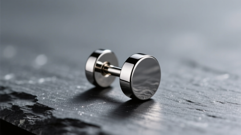 Macro shot of an implant-grade titanium flat back labret earring with mirror polish resting on dark slate, studio lighting setup.