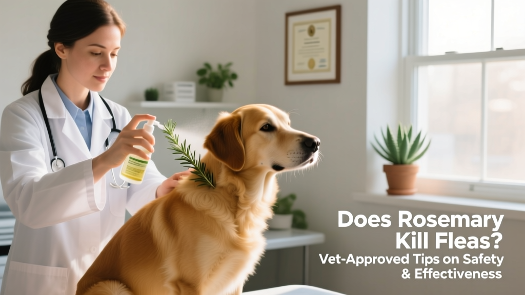A veterinarian gently applying a diluted rosemary-based spray to a dog's coat during a wellness exam