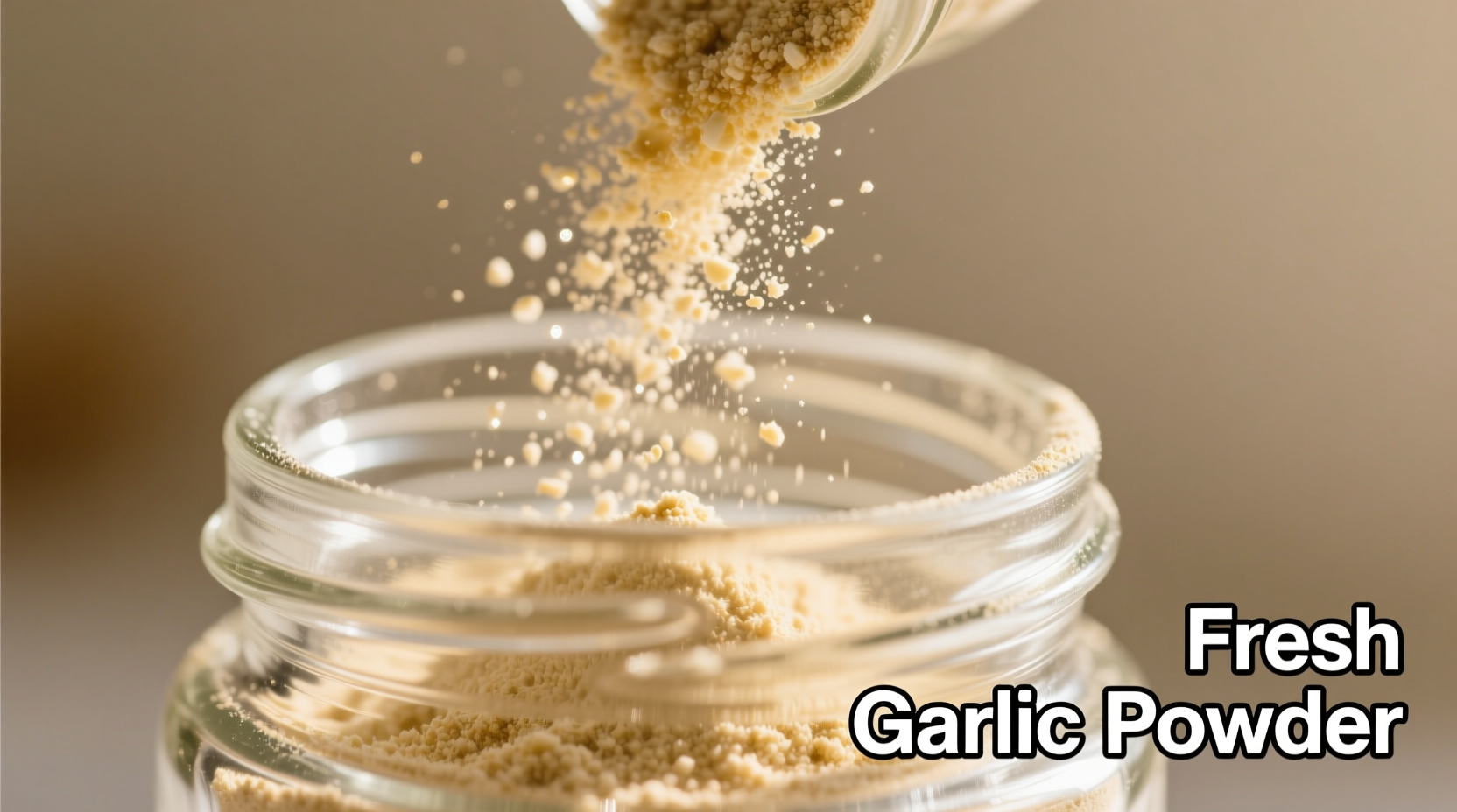 Close-up of fresh garlic powder in glass container