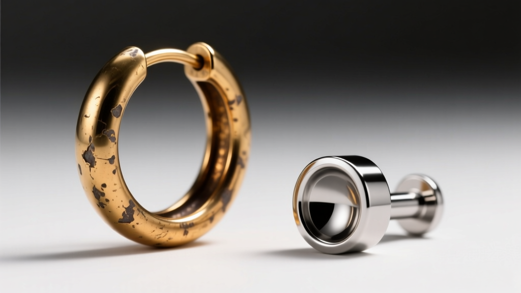 Side-by-side view of a tarnished brass hoop and a pristine implant-grade titanium labret stud under harsh clinical lighting