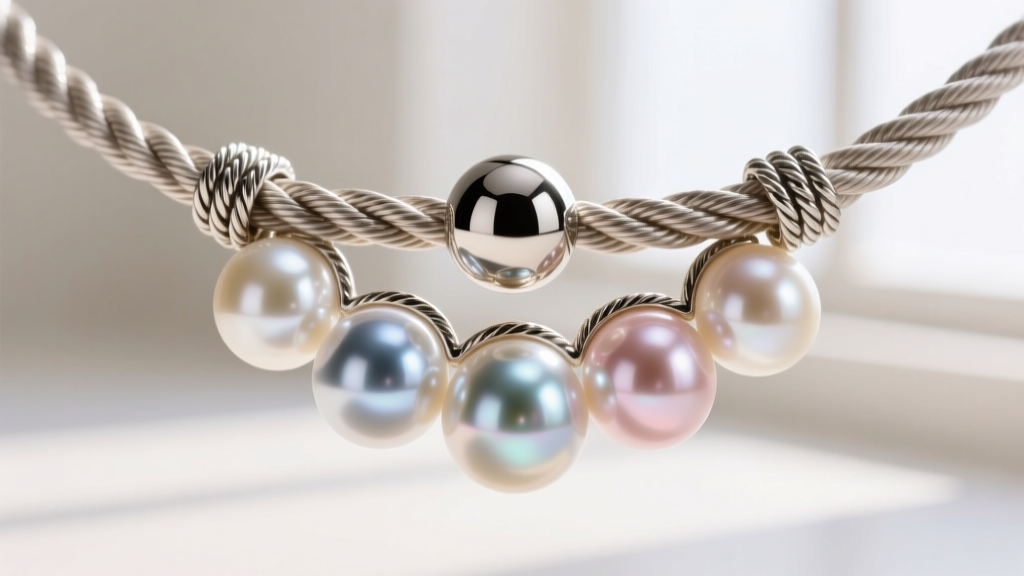 Detailed view of French wire gimp and a ball clasp on heavy gel-spun polyethylene string holding large blue Akoya pearls