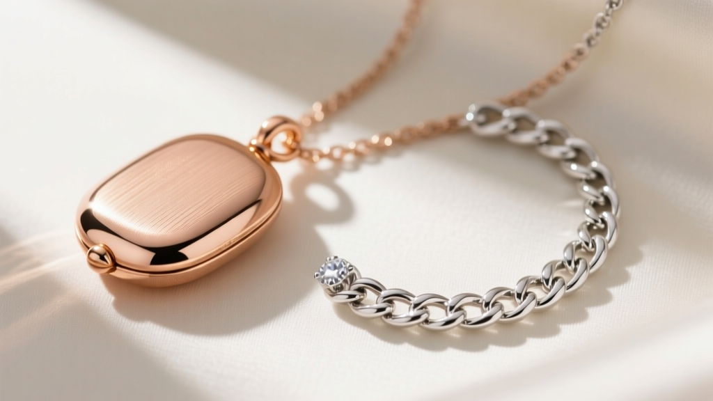 Macro shot comparing a polished 10k rose gold locket against the bright white finish of a rhodium-plated sterling silver chain.