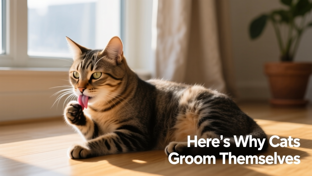 Cat resting in a sunlit spot, tongue visible mid-groom, illustrating natural cooling behavior