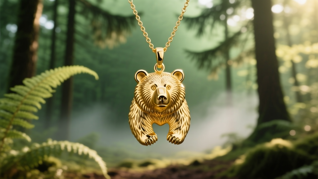 14k gold cast bear pendant with matte finish on a 1.2mm box chain, photographed against a softly blurred green forest backdrop.