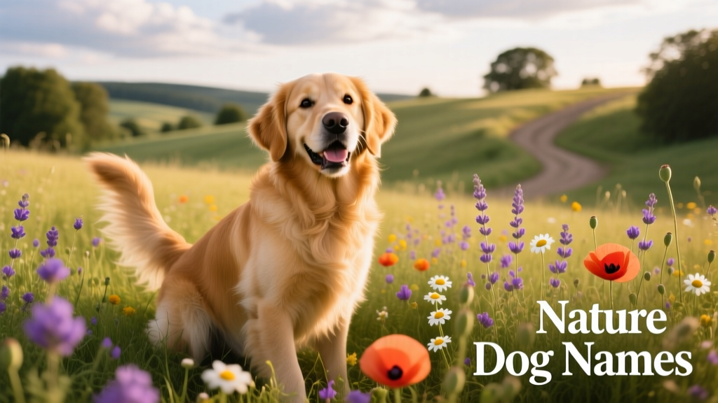A joyful dog sitting in a sun-dappled field of wildflowers