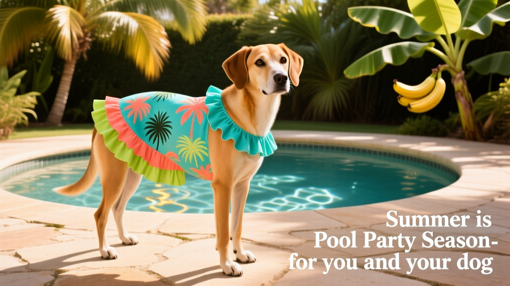 A stylish medium-sized dog wearing a ruffle-hem tropical palm dress, standing on a sun-drenched patio beside a small dog pool