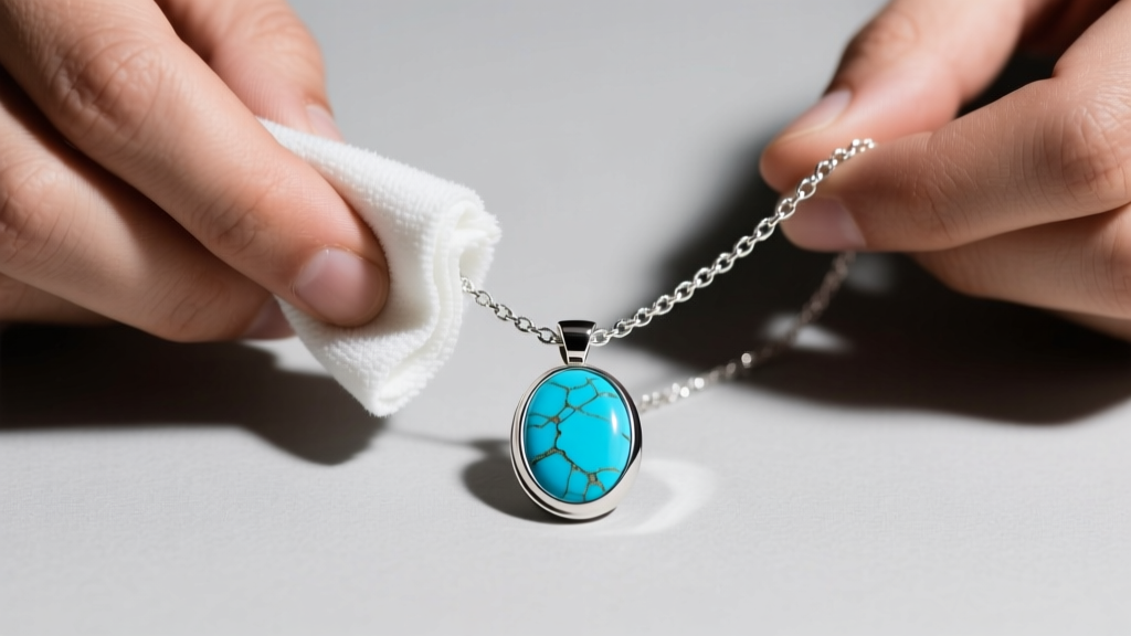 Hands using a soft microfiber cloth to gently polish a 925 sterling silver chain attached to a mens turquoise birthstone pendant.