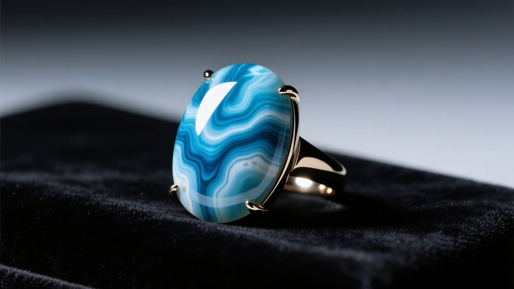 Larimar cocktail ring on dark velvet, moody lighting revealing deep blue and white patterns of the large polished cabochon gem