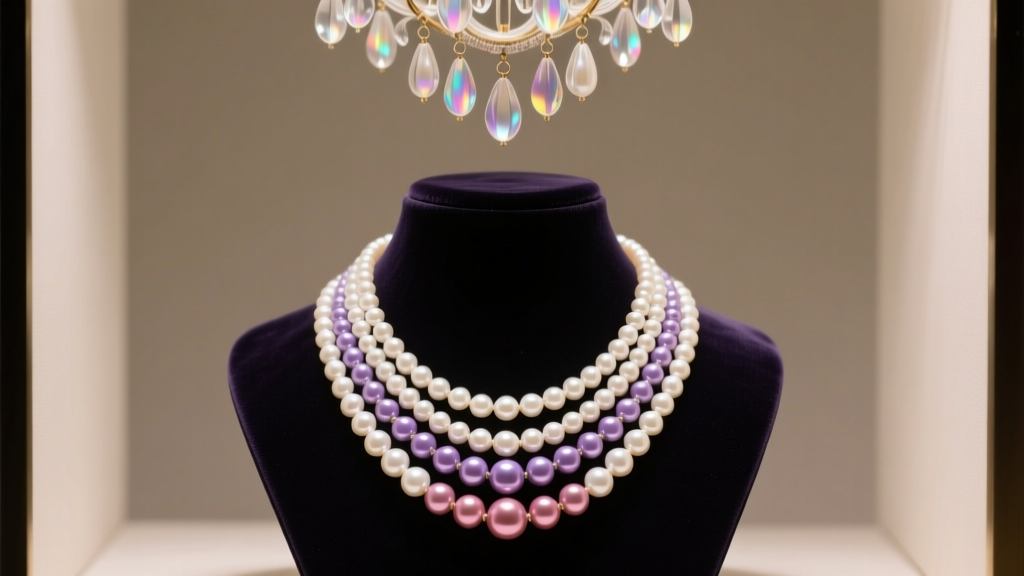 Multi-strand pearl necklace chandelier design resting on a dark velvet jewelry display bust under warm studio lighting