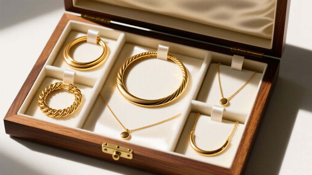 Flat-laying gold collar necklaces stored neatly inside a lined wooden jewelry box with anti-tarnish strips in the corners