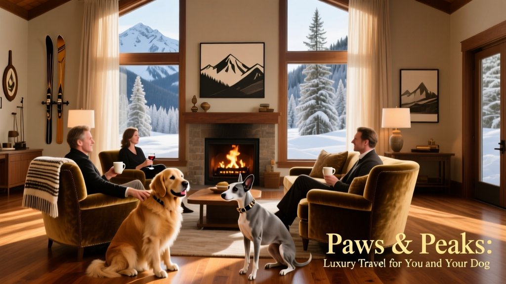 Cozy hotel lobby with fireplace, guests relaxing with dogs, and elegant decor