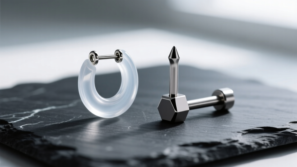 Macro shot of a translucent PTFE plastic earring retainer beside a titanium labret stud resting on a dark slate surface.