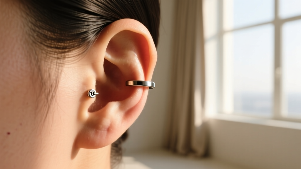 Side profile of a healed ear wearing an 18-gauge surgical steel cuff, lit by warm natural sunlight from a bright window.