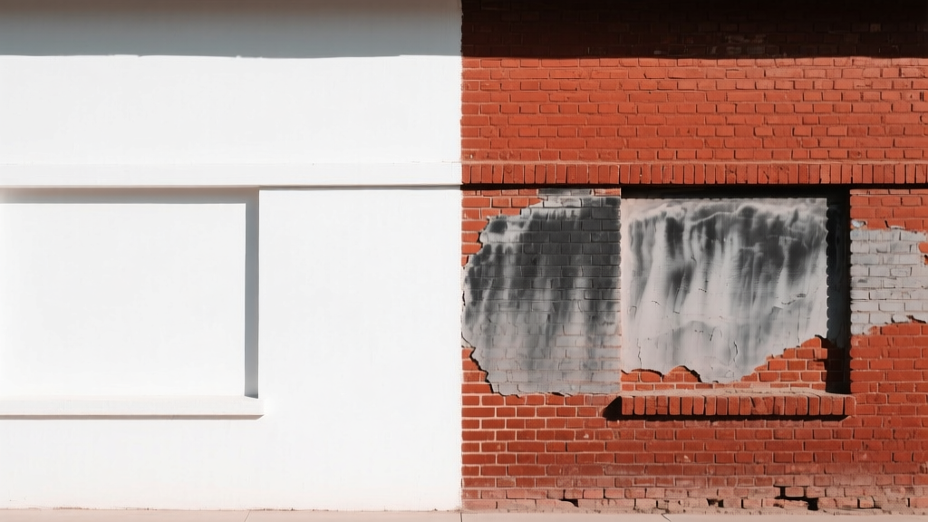 Red clay brick exterior wall split in half: left side painted opaque white, right side treated with a translucent charcoal mineral stain