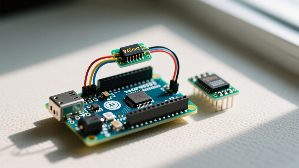 Circuit diagram showing an Arduino Uno microcontroller wired to a TSOP4838 infrared receiver module and a 940nm IR LED transmitter