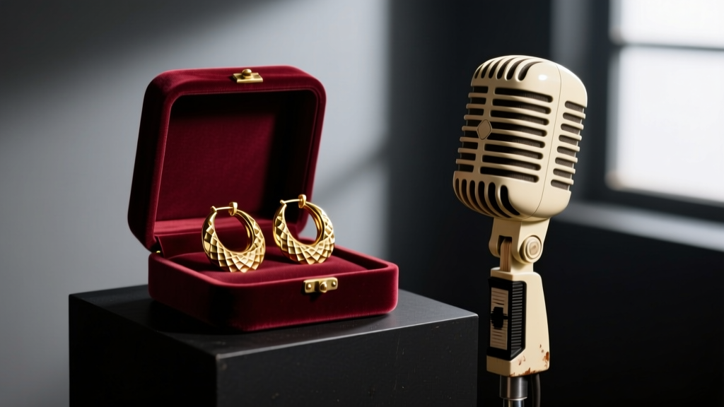 Moody stage setup featuring a velvet box holding thick 10-gauge gold hoop earrings next to a vintage 1970s studio microphone.
