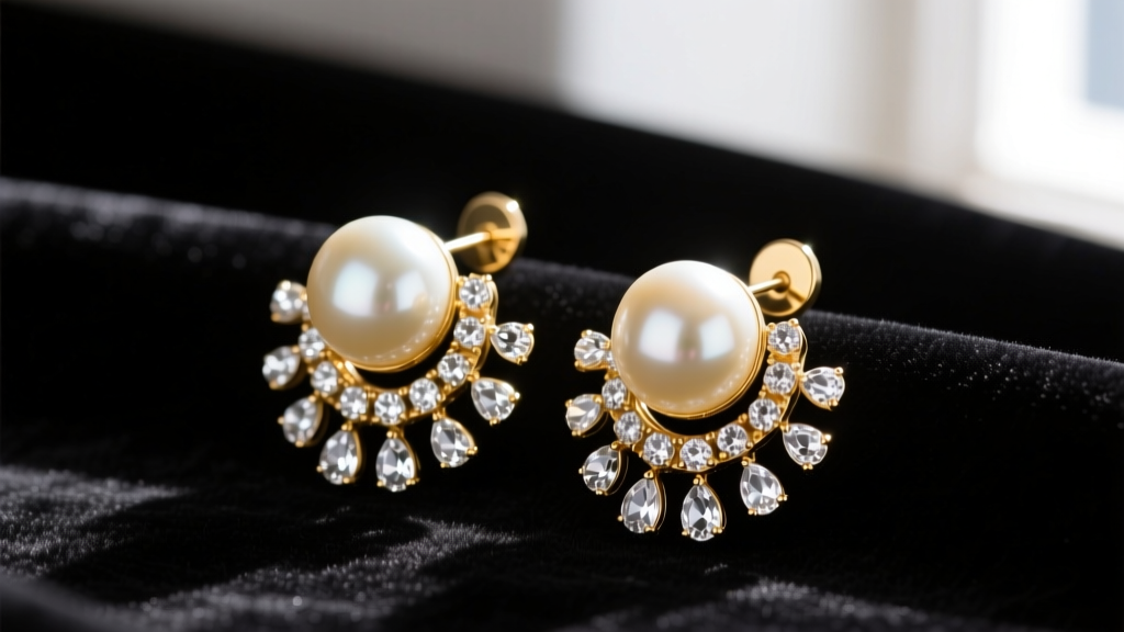 Close-up of vintage Nina Ricci gold-plated clip-on earrings with large faux cream pearls and clear rhinestones on black velvet.