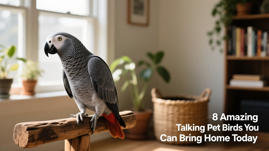 African Grey Parrot perched confidently on a wooden perch, head tilted attentively
