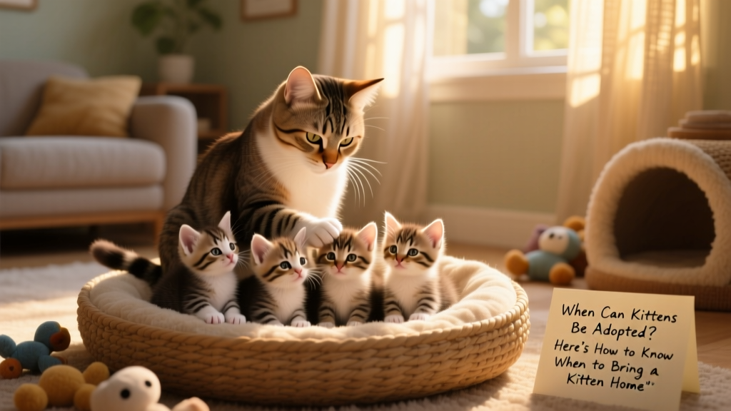 A mother cat gently grooming her litter of 4- to 6-week-old kittens in a cozy, sunlit space