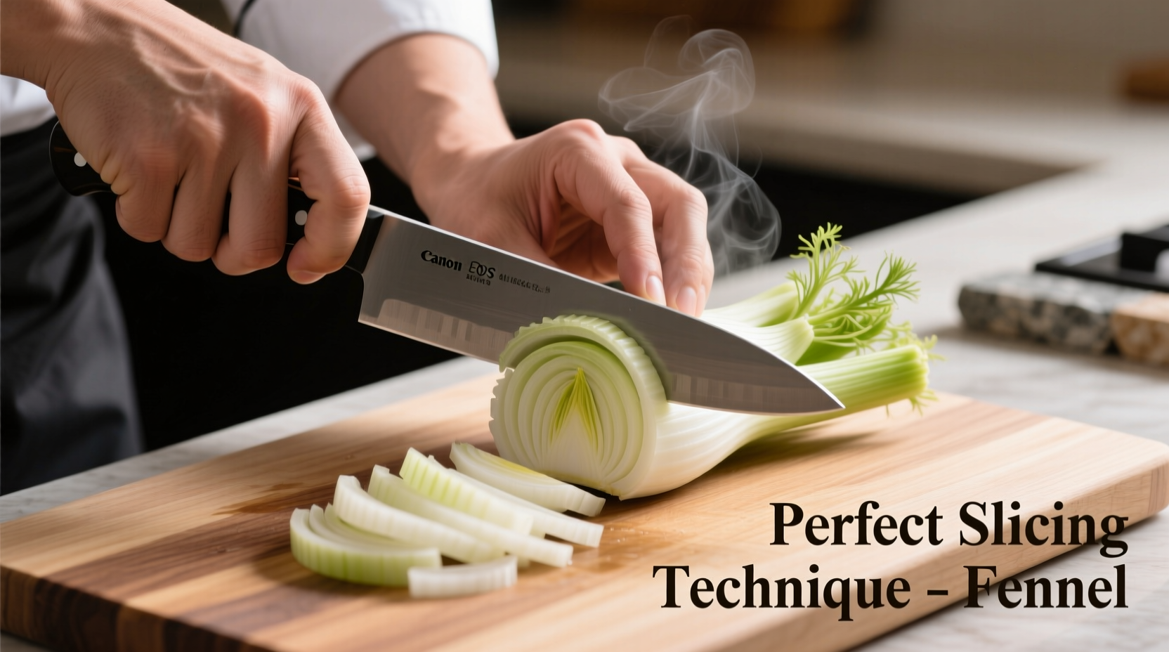 Chef's hand demonstrating proper fennel slicing technique with sharp knife