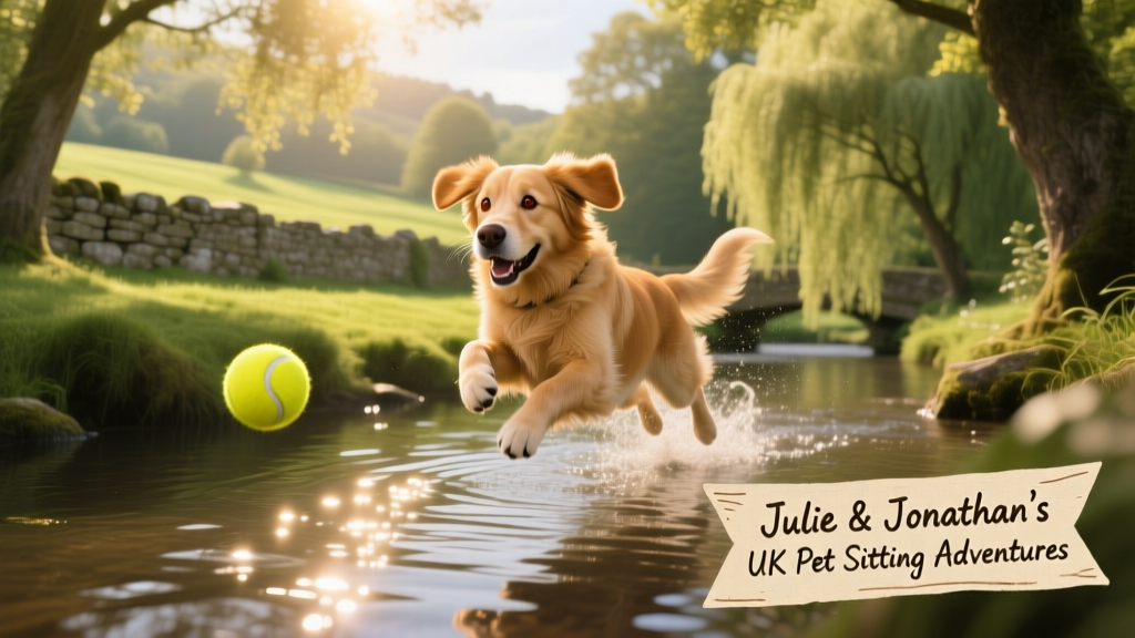 Mabel mid-leap, chasing a bright yellow ball into a sun-dappled river in rural England