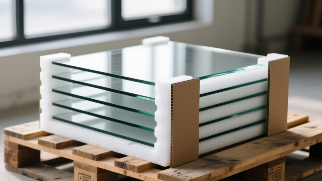 Custom glass panels wrapped in expanding polyurethane foam and cardboard edge protectors stacked on a wooden pallet
