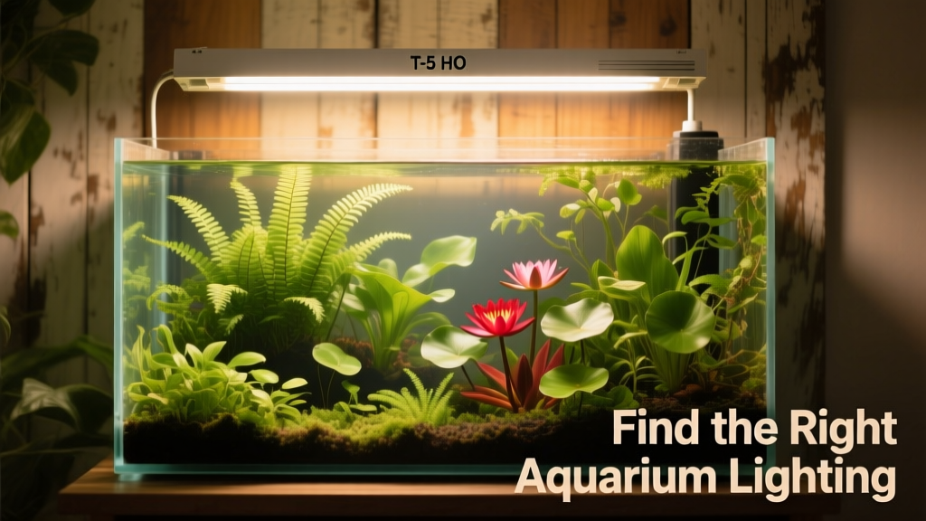 T-5 HO fixture illuminating a lush planted aquarium with clear water and healthy greenery