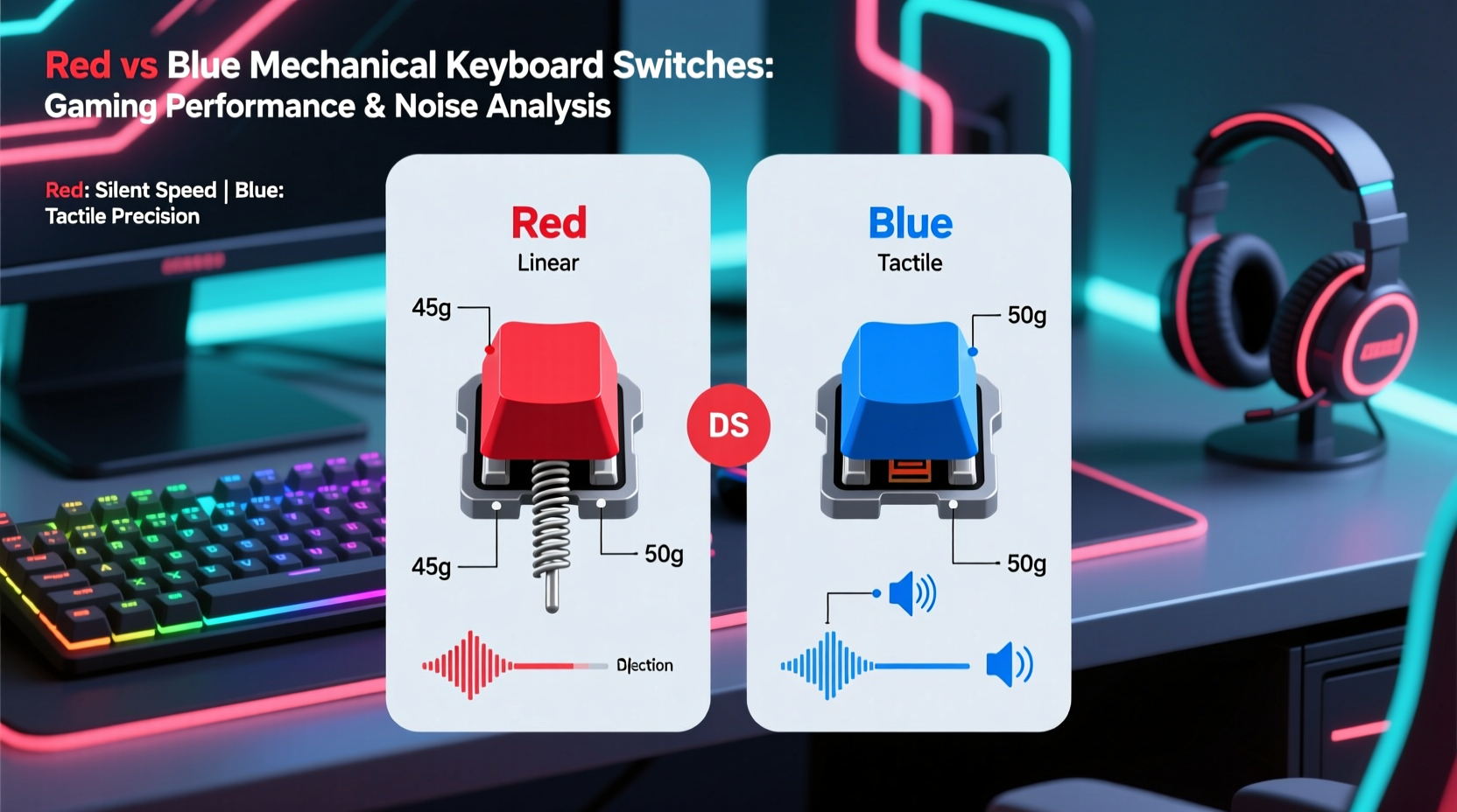 mechanical keyboard switches red vs blue which is better for gaming quietly