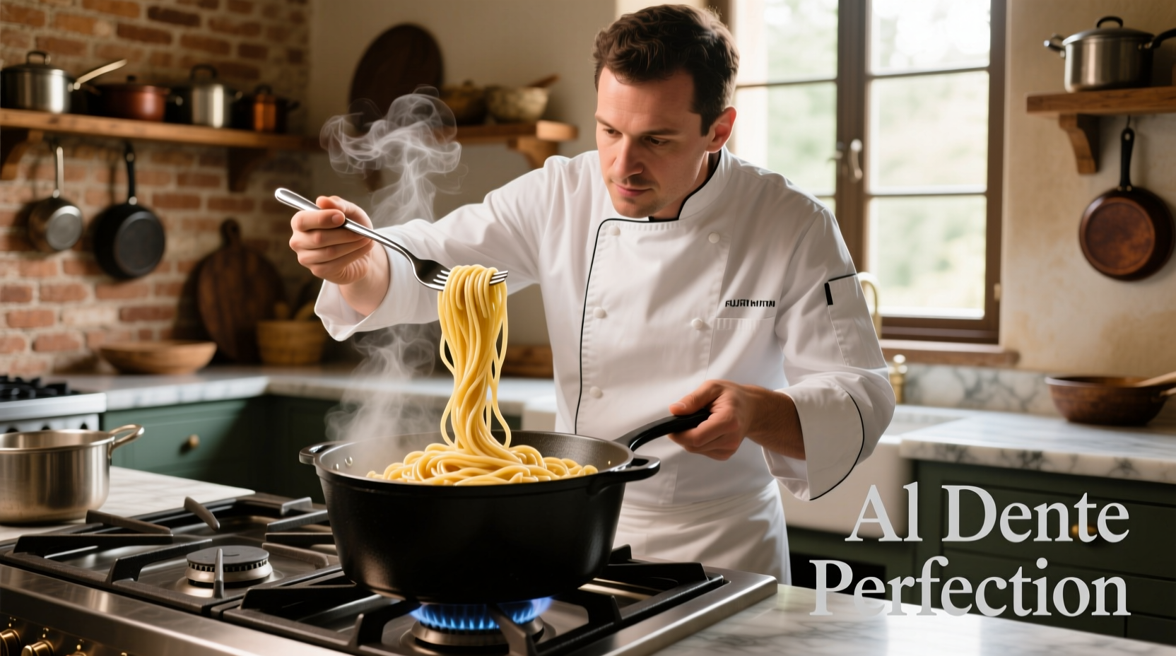 Chef testing pasta texture with fork